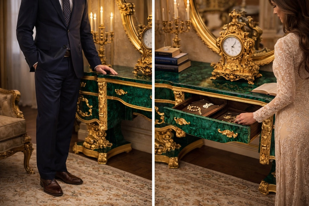 The Imperial Malachite Console – Teak Wood & Brass Masterpiece