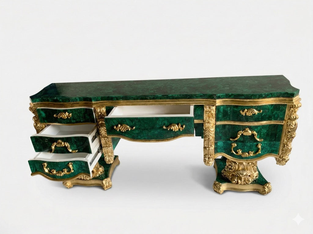 The Imperial Malachite Console – Teak Wood & Brass Masterpiece