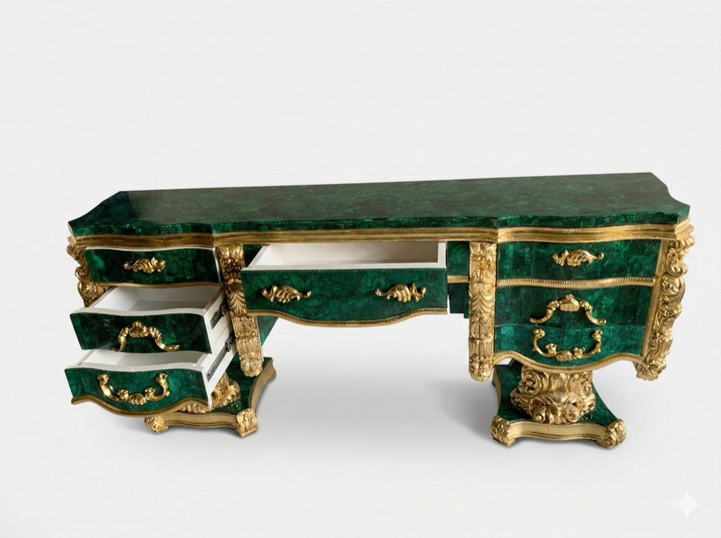 The Imperial Malachite Console – Teak Wood & Brass Masterpiece