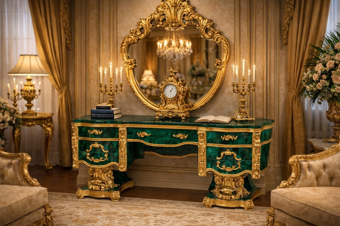 The Imperial Malachite Console – Teak Wood & Brass Masterpiece