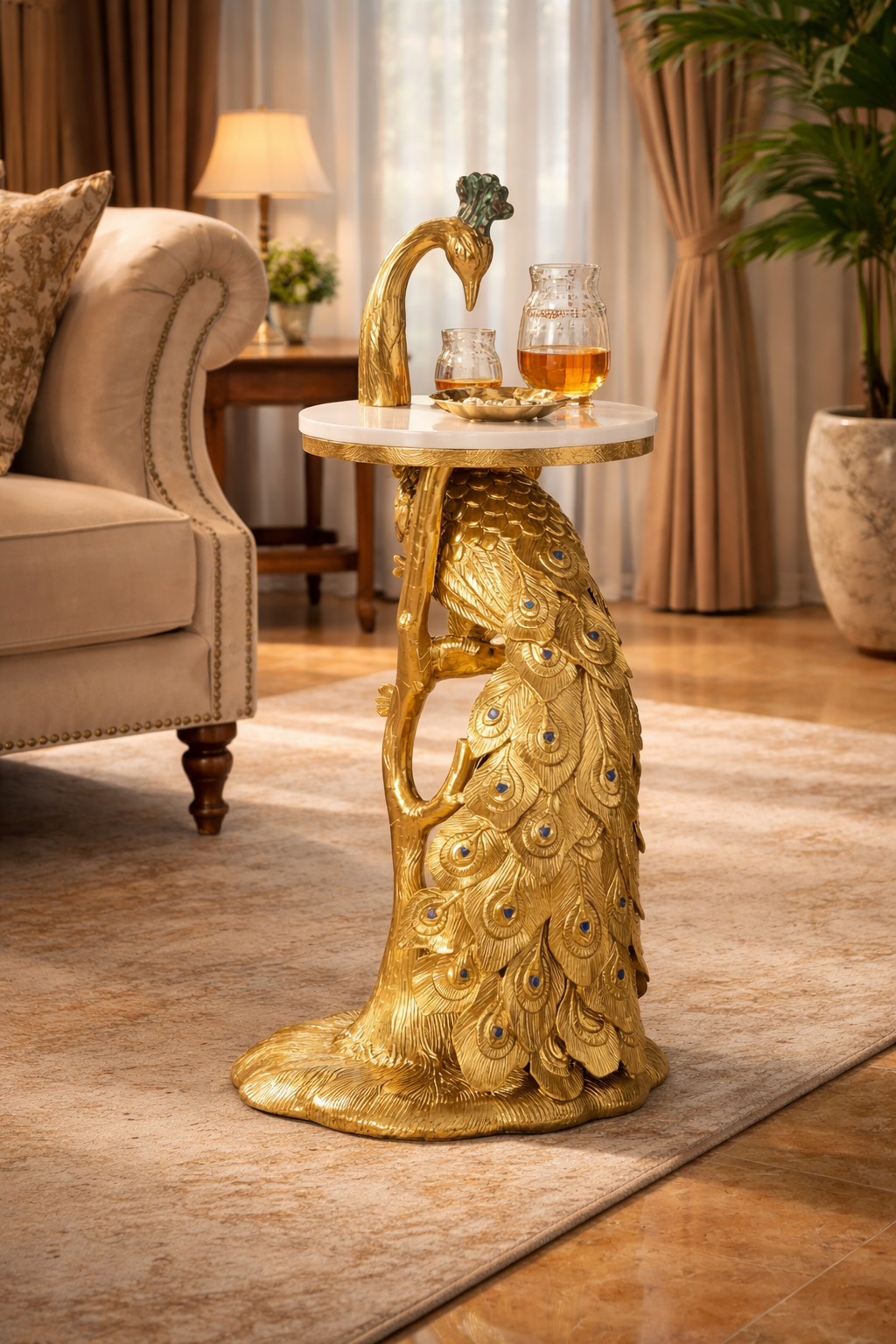 Hand-Carved Gilded Peacock Sculptural