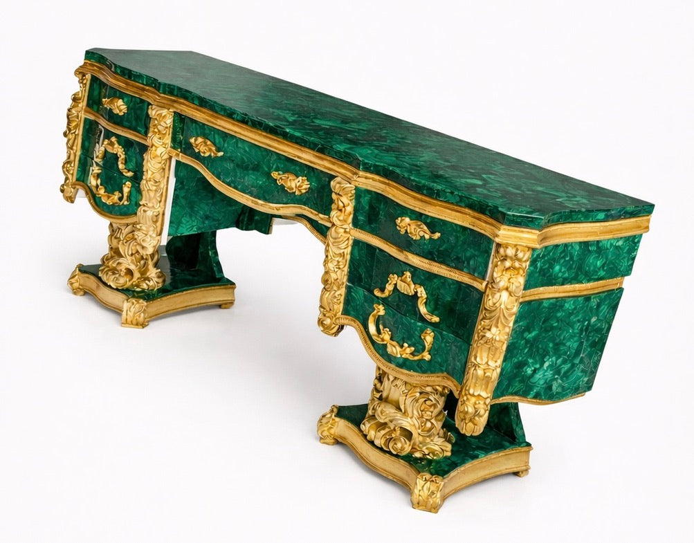 The Imperial Malachite Console – Teak Wood & Brass Masterpiece